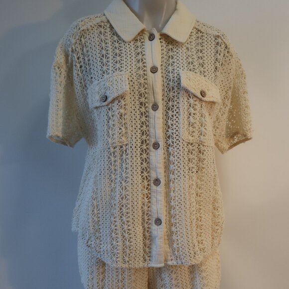 Women Benaar LA Jeiley Cream 2Pc Set Crochet Gauzy Contrast Collared Top Short M - Picture 8 of 13